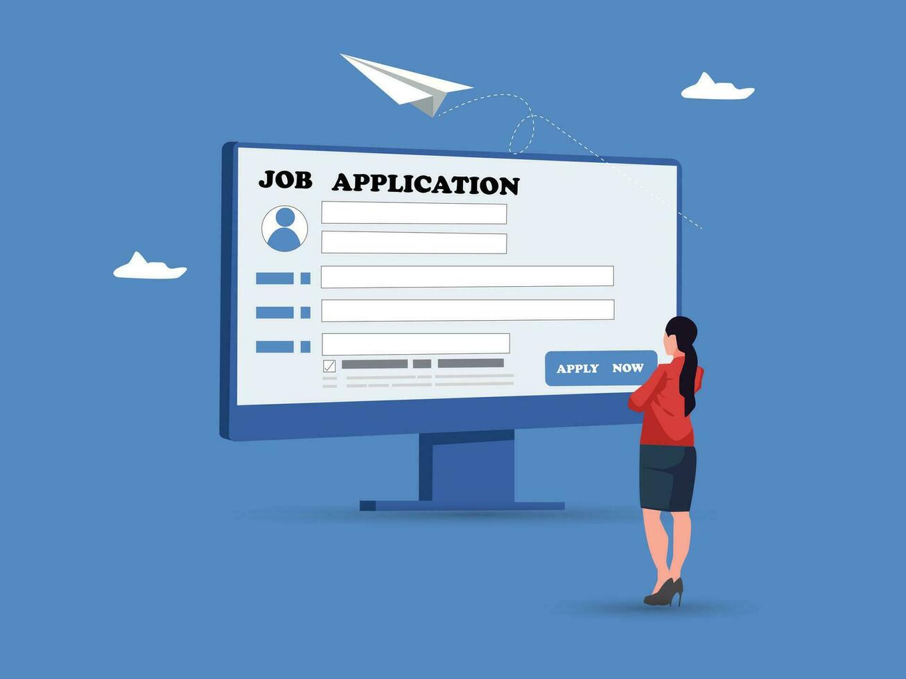 femme d'affaires tenir crayon remplir dans ordinateur emploi application formulaire.en ligne emploi application, carrière ou emploi soumission former, candidat recrutement, reprendre et CV document télécharger concept. vecteur