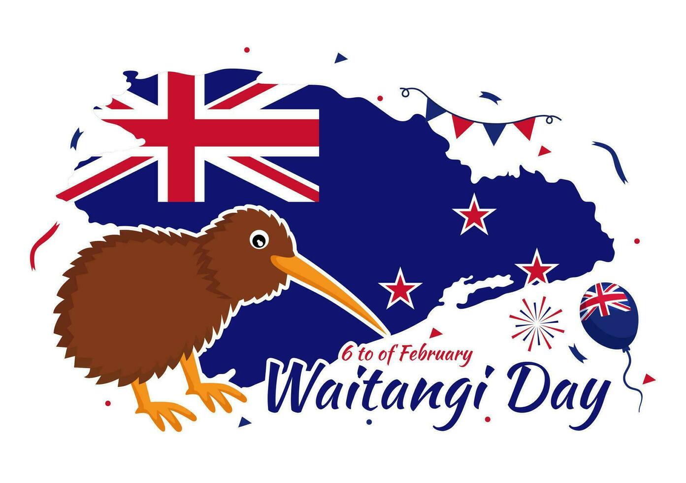 content attente journée vecteur illustration sur février 6 avec Nouveau zélande drapeau et carte dans nationale vacances plat dessin animé Contexte conception