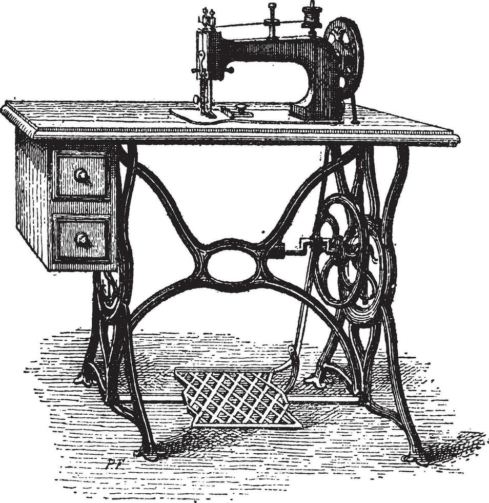 actionné au pied couture machine, ancien gravure vecteur