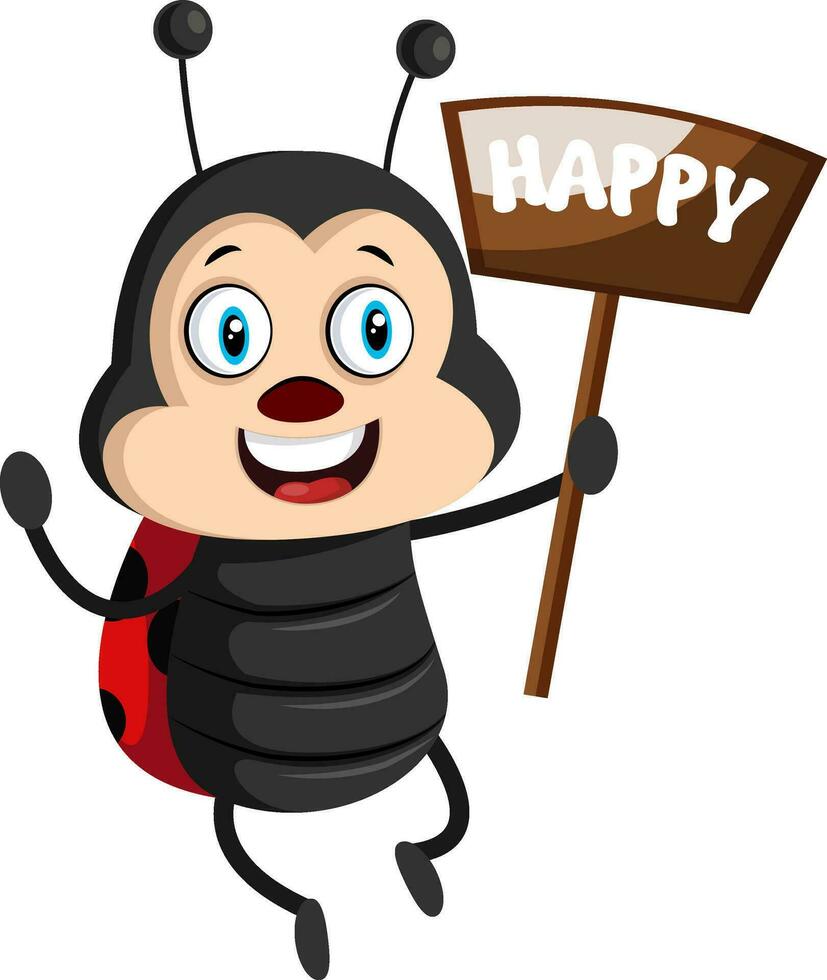 Lady bug avec happy sign, illustration, vecteur sur fond blanc.