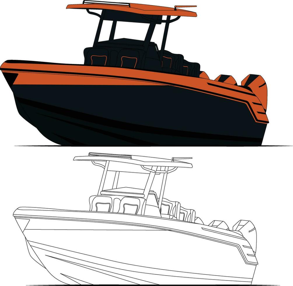 côté vue pêche bateau vecteur ligne art illustration, et un couleur.