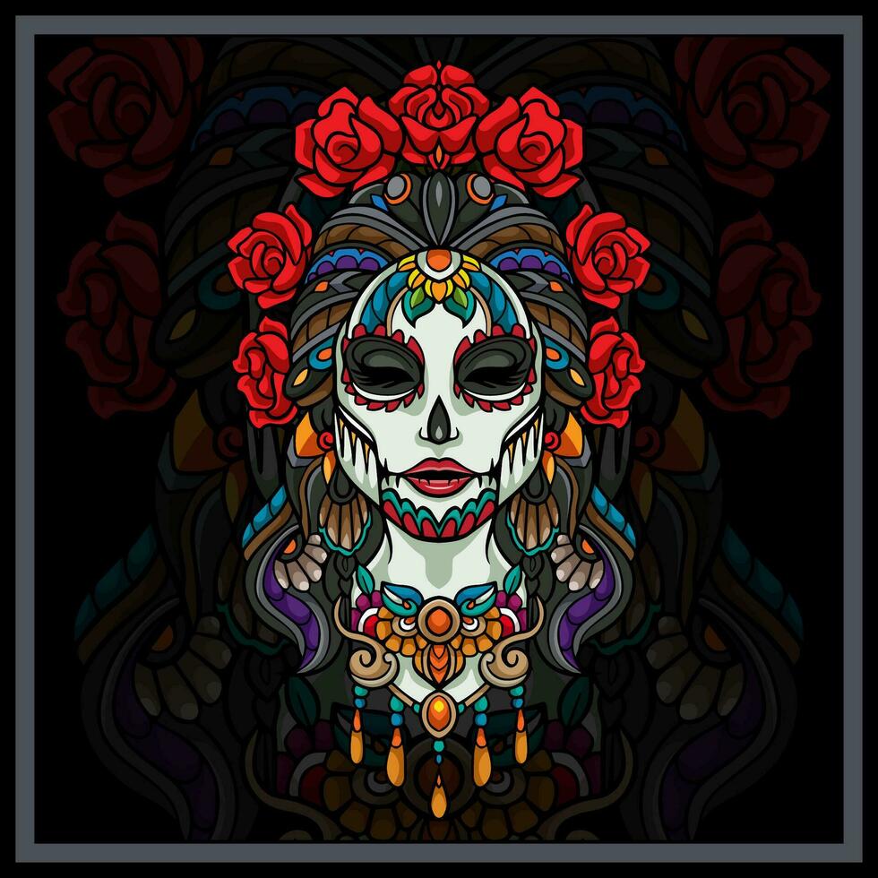 coloré calavera fille mandala les arts vecteur