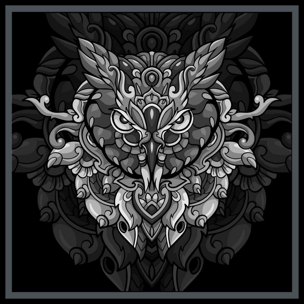 monochrome hibou tête mandala arts. vecteur