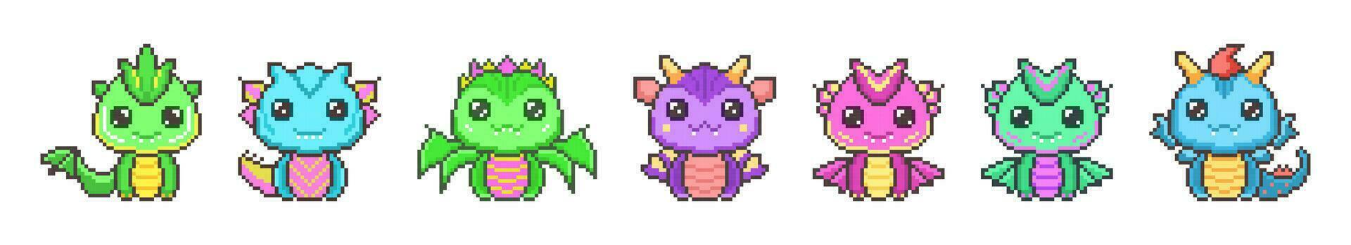 mignonne coloré pixel dragons ensemble. kawaii violet marrant dinosaure avec vert fantaisie 8 bits graphique et bleu cornes et légendaire souriant peu vecteur monstres