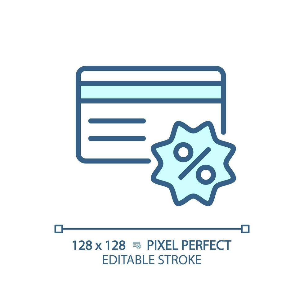 2d pixel parfait modifiable bleu crédit carte remise icône, isolé monochromatique vecteur, mince ligne illustration représentant remises. vecteur