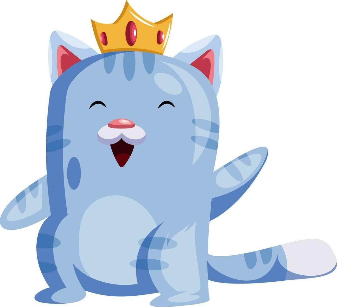 lumière bleu chat avec une d'or couronne souriant et agitantvecteur illustration sur blanc Contexte. vecteur