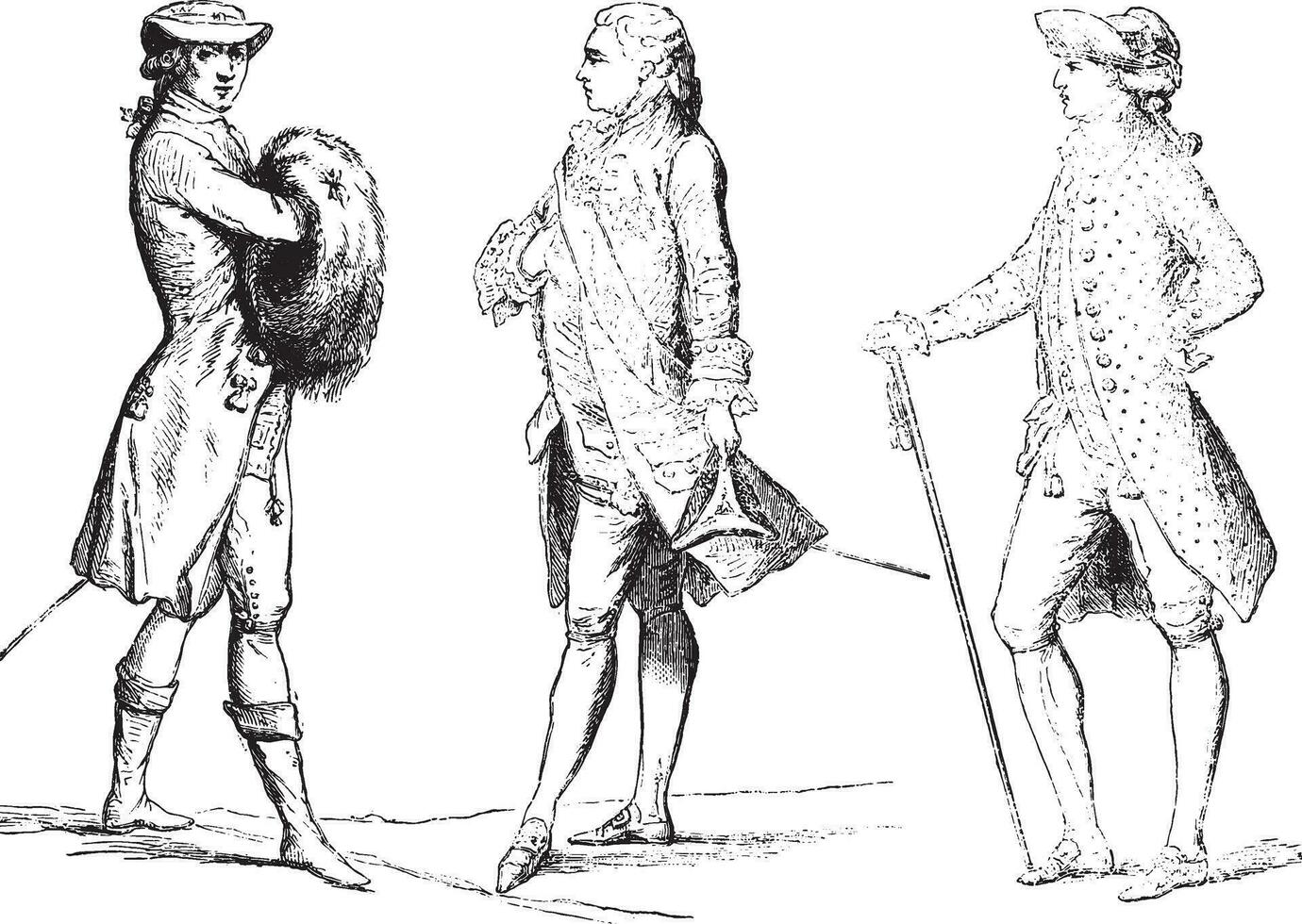 habitude a le Anglais, tribunal robe et été chapeau costume avec Suisse 1778-1780, ancien gravure. vecteur