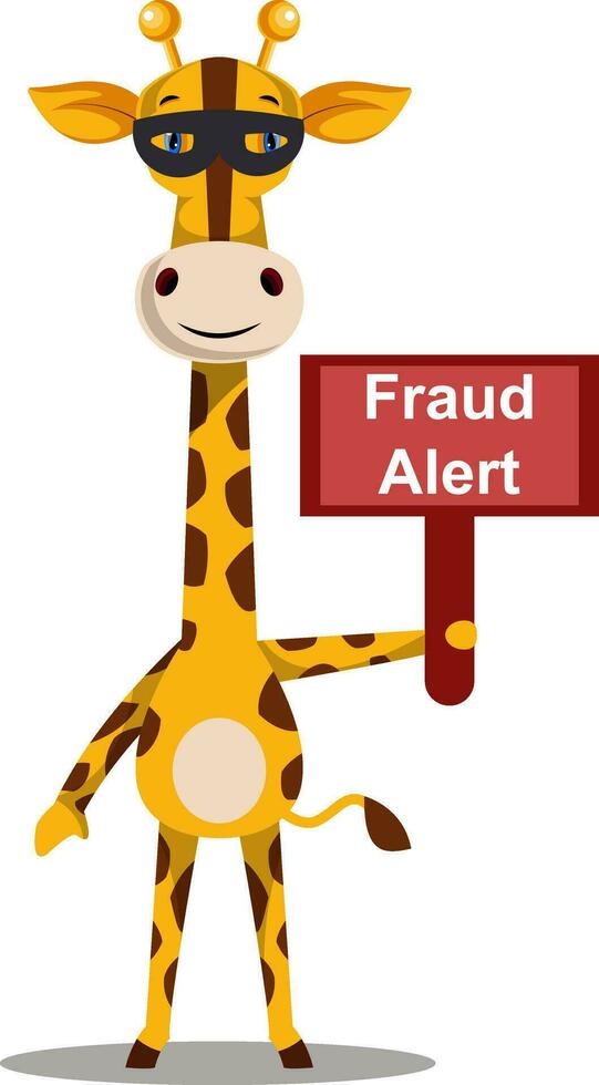 Girafe avec signe d'alerte à la fraude, illustration, vecteur sur fond blanc.
