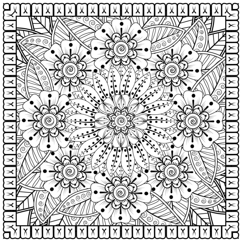 esquisser le motif de fleurs carrées dans le style mehndi pour la page du livre de coloriage vecteur