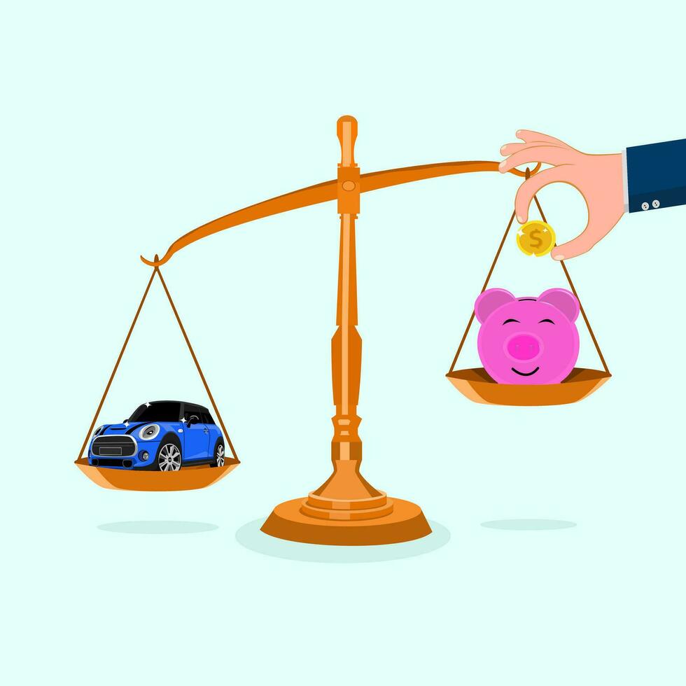 porc porcin banque et voiture sur le Balance. argent économie concept pour voitures vecteur