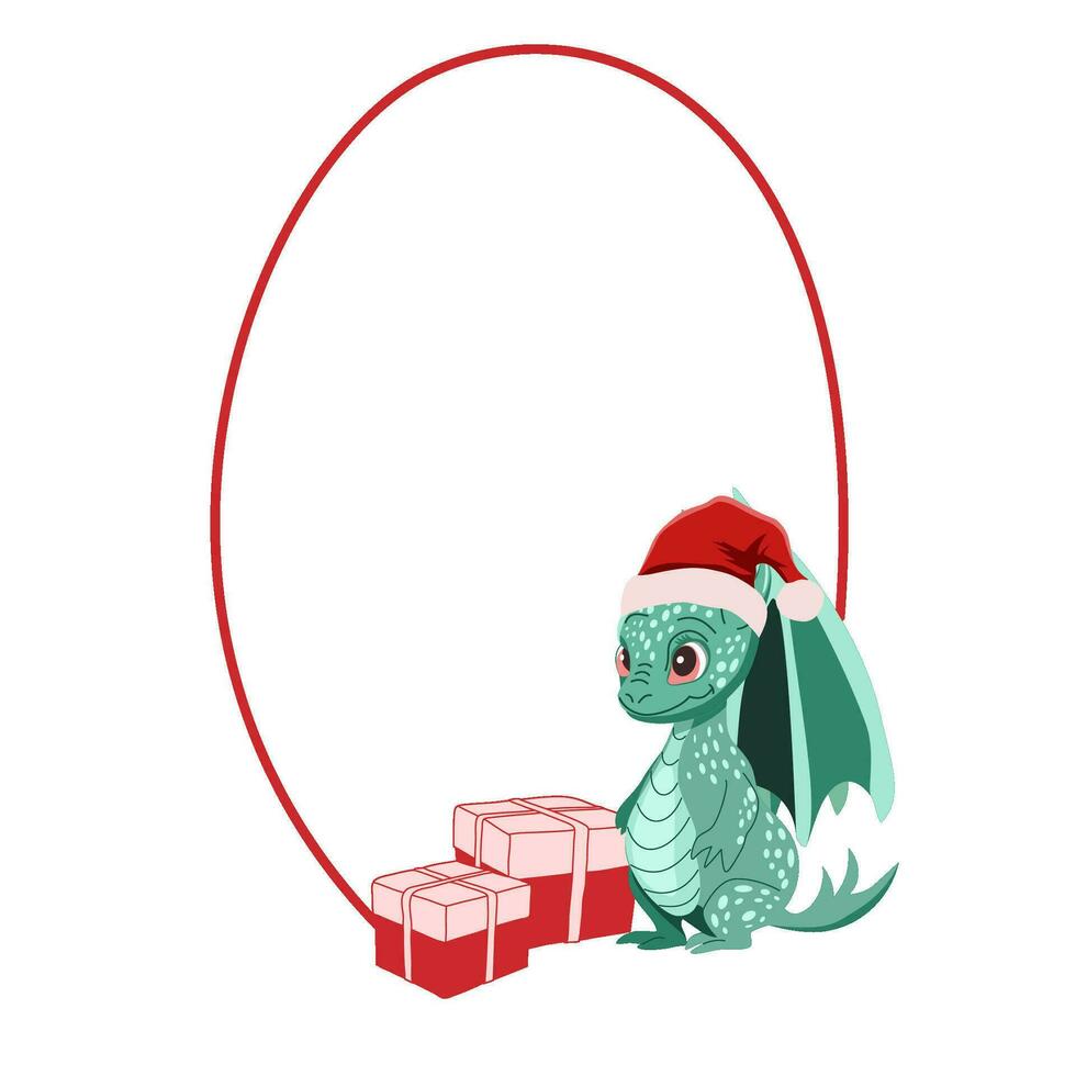 vacances Cadre avec mignonne dragon dans Père Noël claus chapeau avec cadeau des boites vecteur