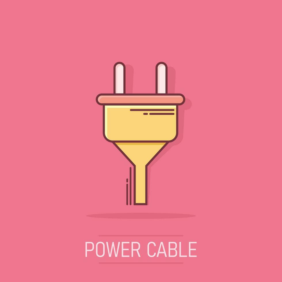 icône de prise électrique de dessin animé de vecteur dans le style comique. pictogramme d'illustration de signe de câble de fil d'alimentation. concept d'effet d'éclaboussure d'affaires de fil.