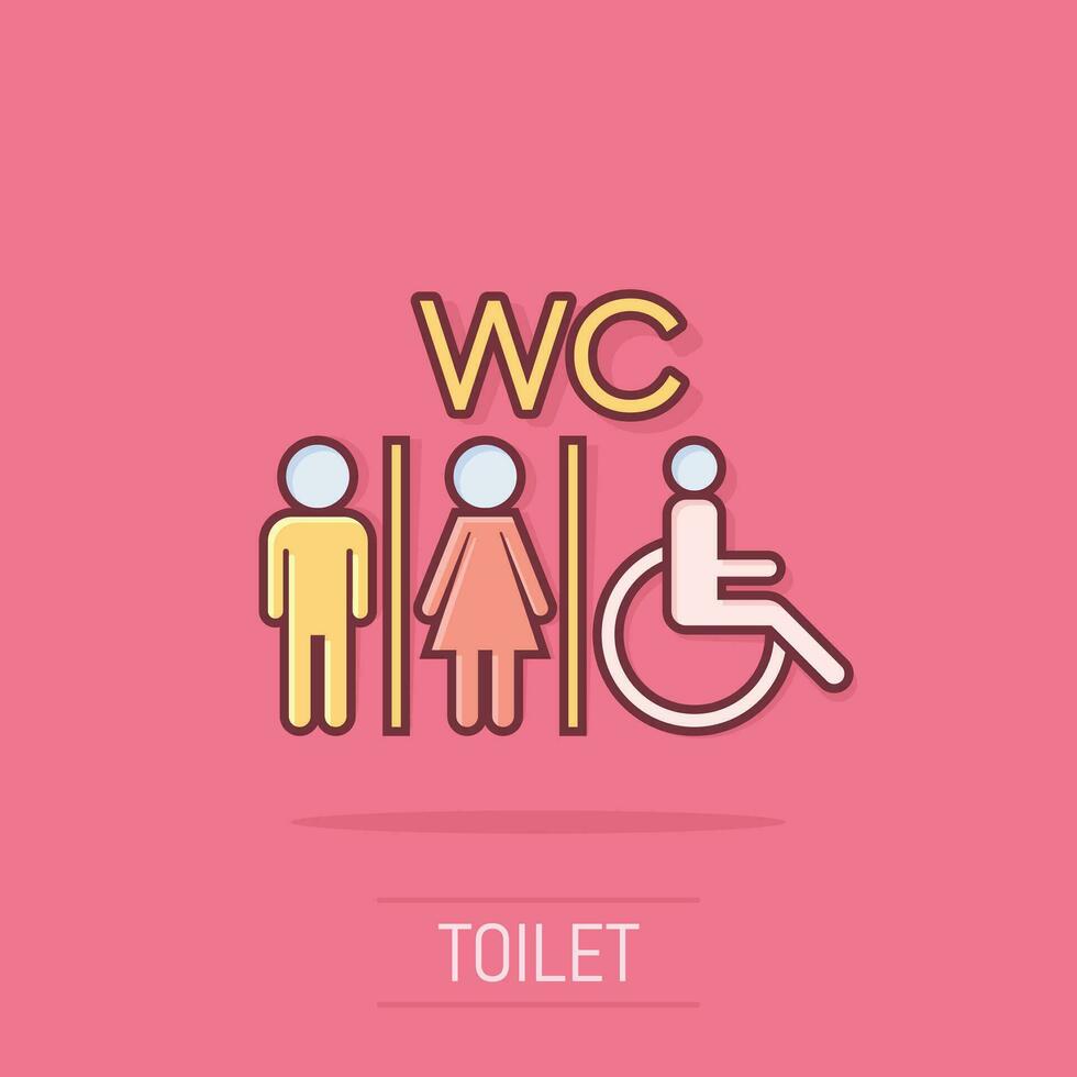 wc de dessin animé de vecteur, icône de toilette dans le style comique. pictogramme d'illustration de signe de toilettes hommes et femmes. concept d'effet d'éclaboussure d'entreprise wc. vecteur