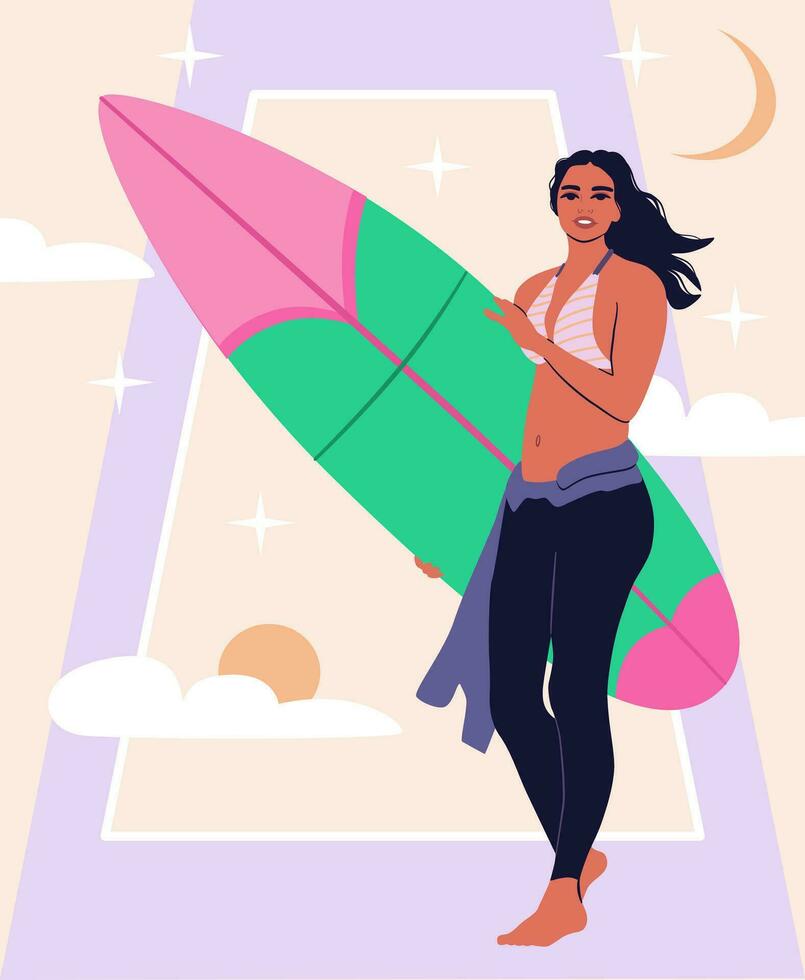 une Jeune femelle avec planche de surf sur un abstrait Contexte. une concept de Extérieur loisir activité. vecteur