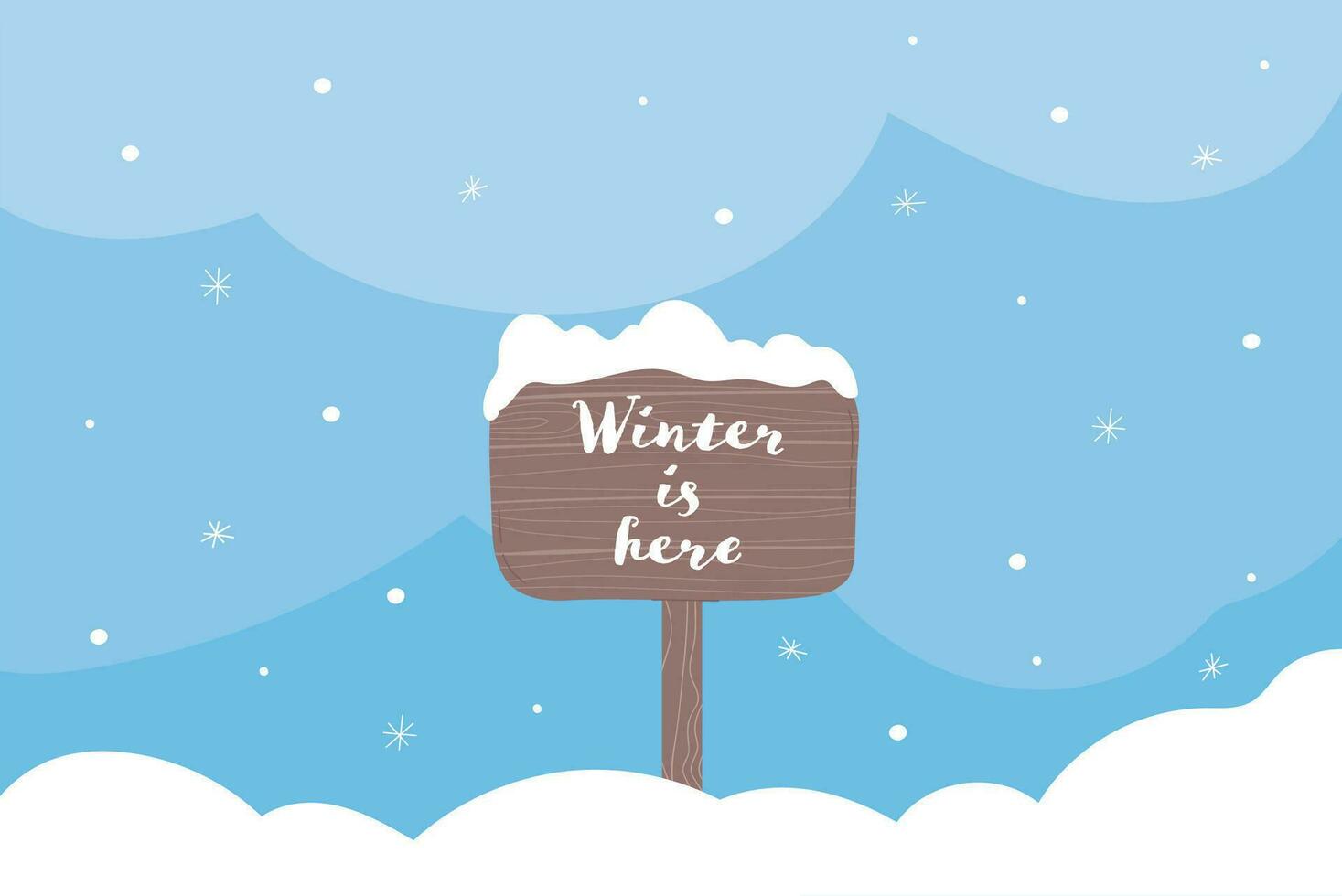 bleu hiver Contexte avec neige et en bois signe hiver est ici. hiver Noël bannière hiver salutation vecteur