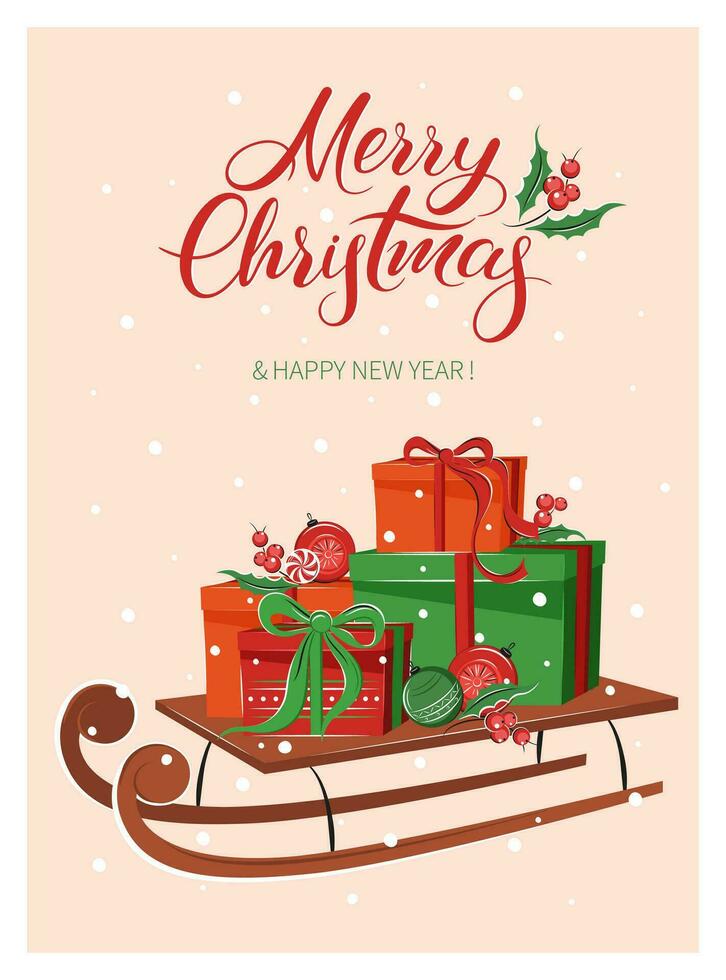 Noël carte avec ensemble cadeaux, avec hiver décorations traîneau conduire. caractères joyeux Noël et Nouveau année vacances. vecteur illustration