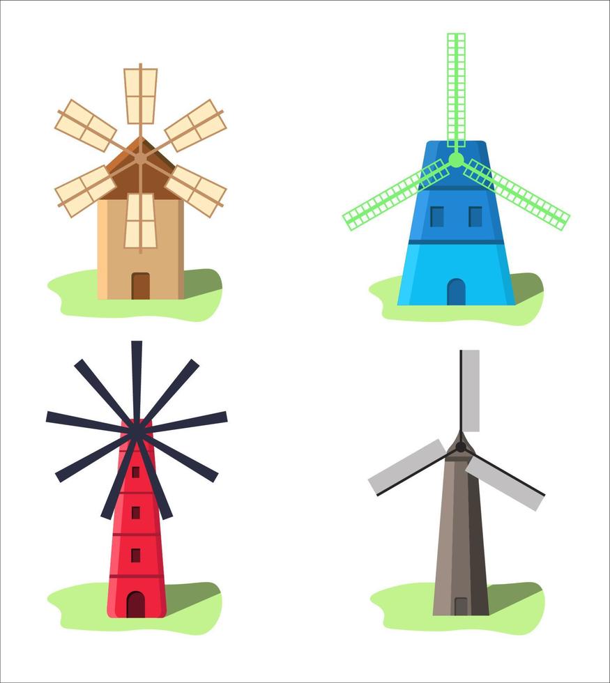 ensemble d'illustrations colorées de moulin à vent vecteur