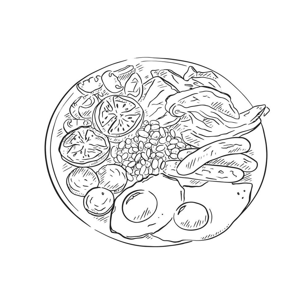 une ligne dessin de une cuit petit déjeuner dans noir et blanc avec frit œufs, bacon, saucisse, haricots, champignons et tomates. vecteur