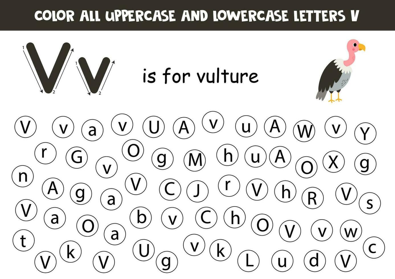 trouver et point tout des lettres v. éducatif feuille de travail pour apprentissage alphabet. mignonne vautour. vecteur