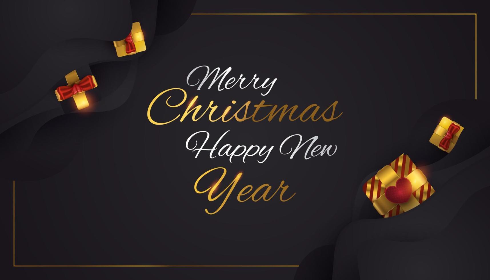 joyeux noël et bonne année bannière ou affiche. élégante carte de voeux de Noël en noir et or avec coffret cadeau de luxe vecteur