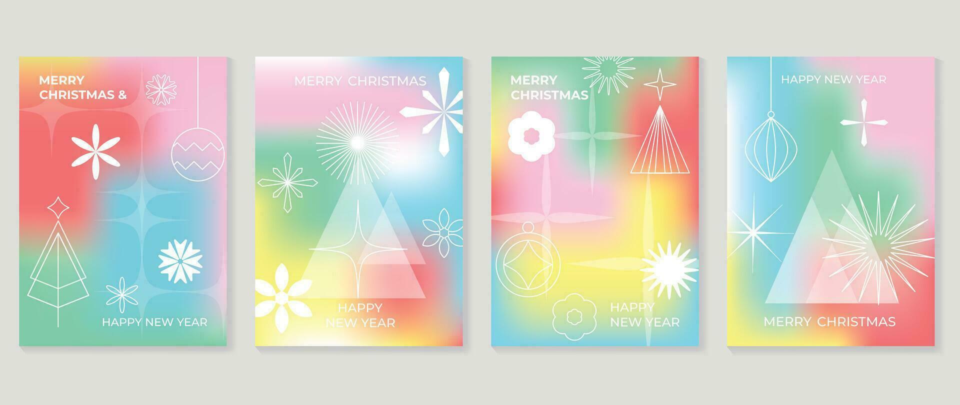 joyeux Noël concept affiche ensemble. mignonne pente holographique Contexte vecteur avec vibrant couleur, pin, balle, fleur, flocons de neige. art branché fond d'écran conception pour social médias, carte, bannière, prospectus.