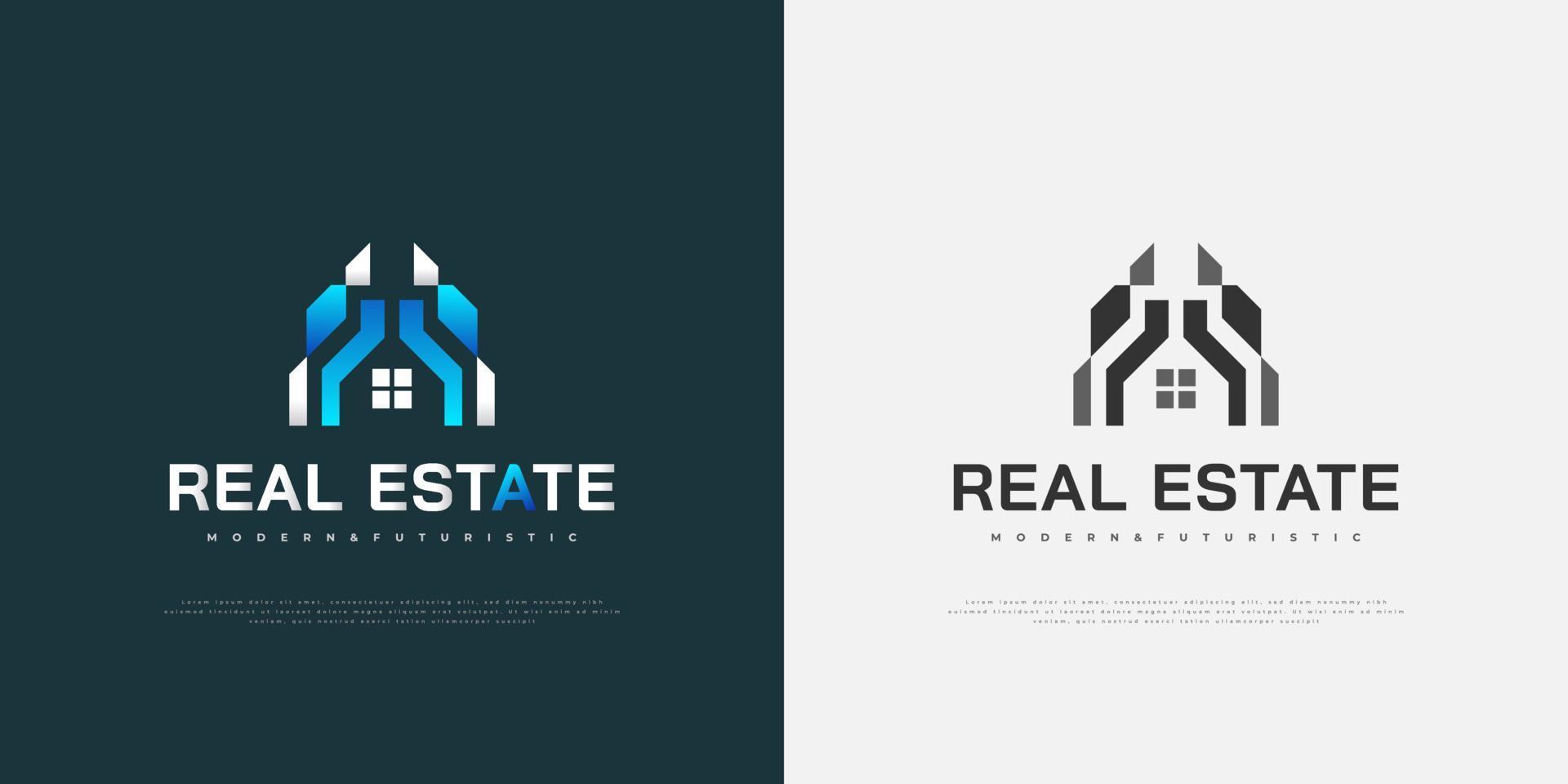 création de logo immobilier moderne et futuriste en dégradé blanc et bleu vecteur