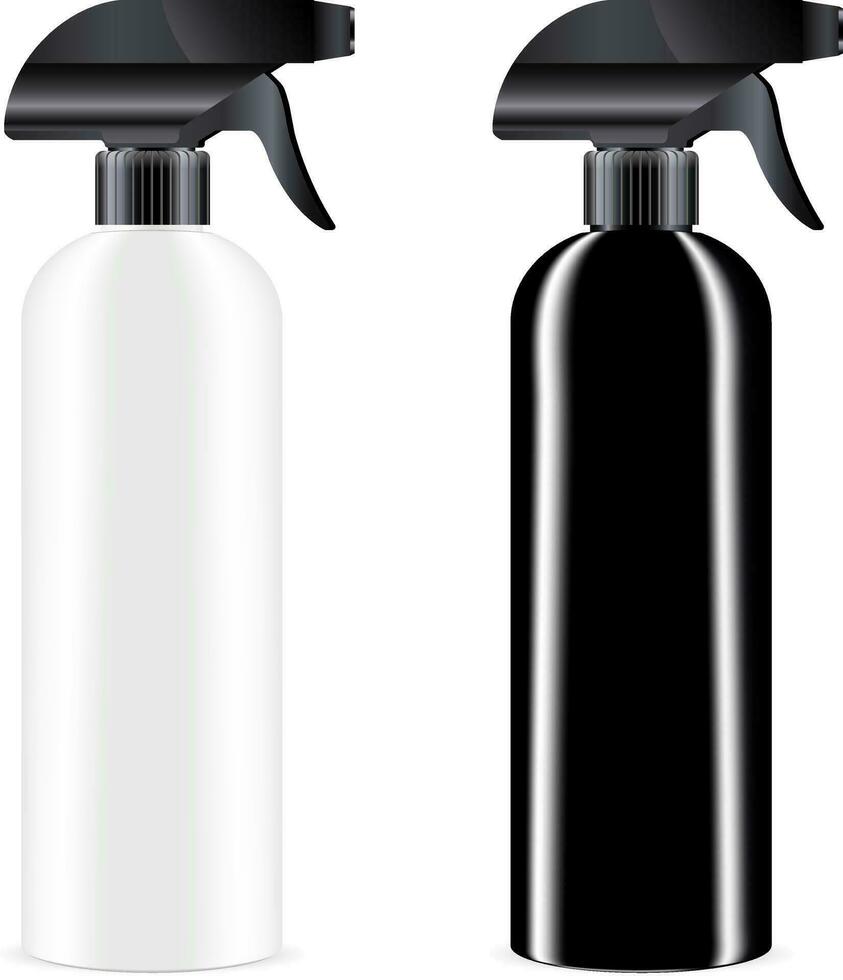 blanc et noir pulvérisateur bouteille avec noir distributeur casquette. isolé récipient conception avec pompe pour liquide, eau, huile, Tonique et autre cosmétique des produits. vecteur maquette illustration.