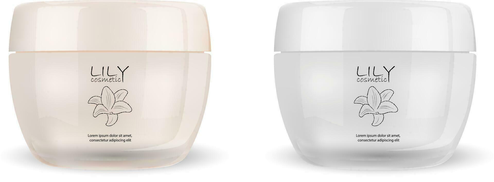 crème ou poudre verre cosmétique pots ensemble dans blanc et Rose couleurs. produits de beauté maquette modèle. réaliste vecteur illustration avec logo conception.