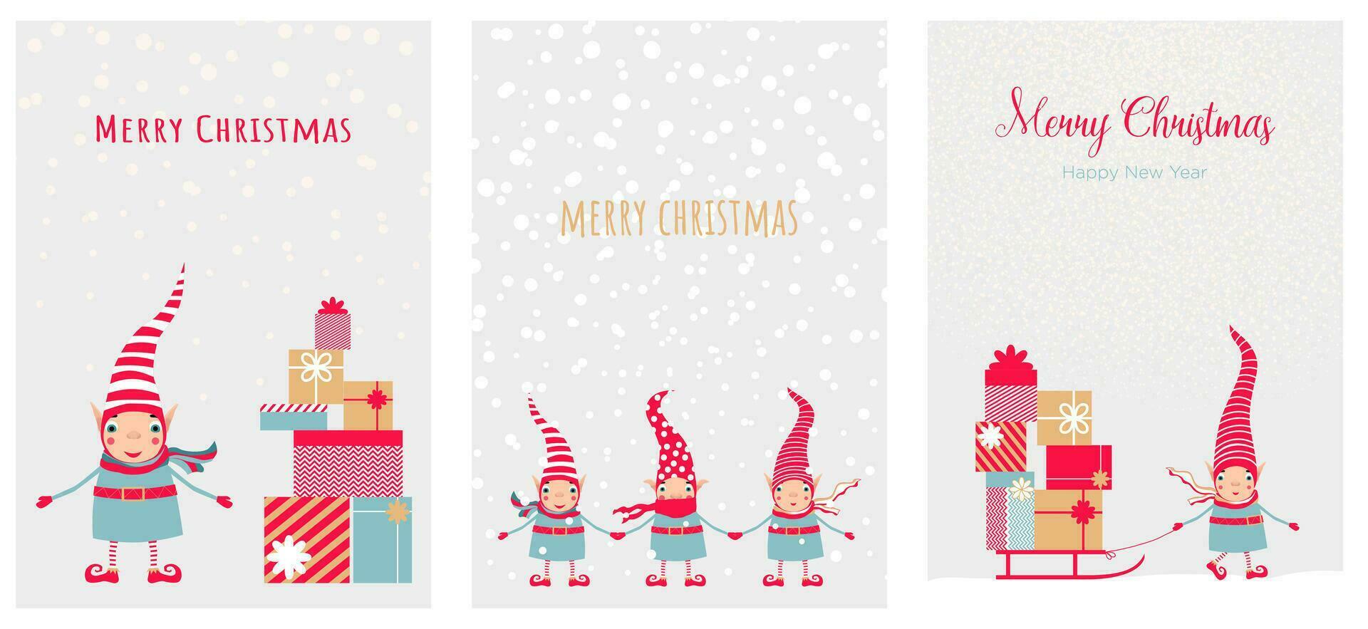 ensemble vecteur illustration avec mignonne Noël elfes dans une rayé rouge Chapeaux et Noël cadeaux ans traîneau. modèle pour joyeux Noël et Nouveau année cartes, salutations, bannières ou affiches.