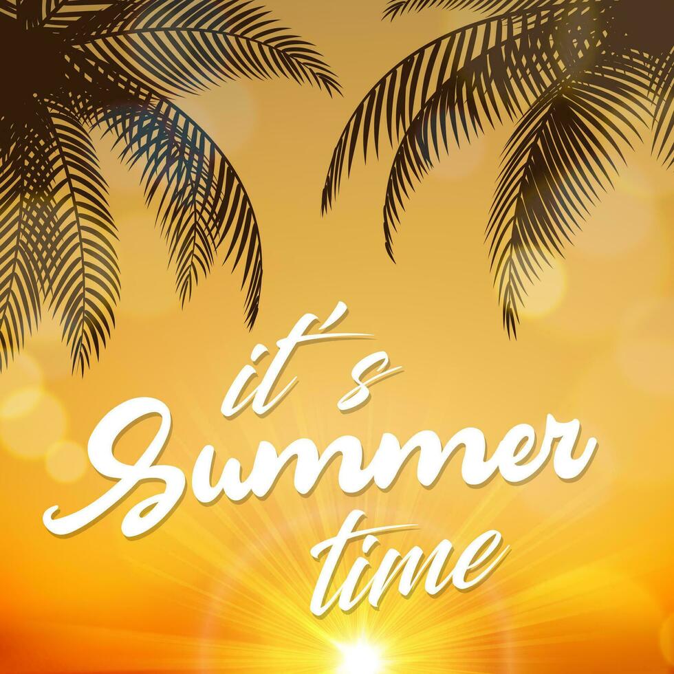 c'est été temps signe, avec noix de coco des arbres à lever du soleil, adapté pour été vacances et plage faire la fête, vecteur illustration