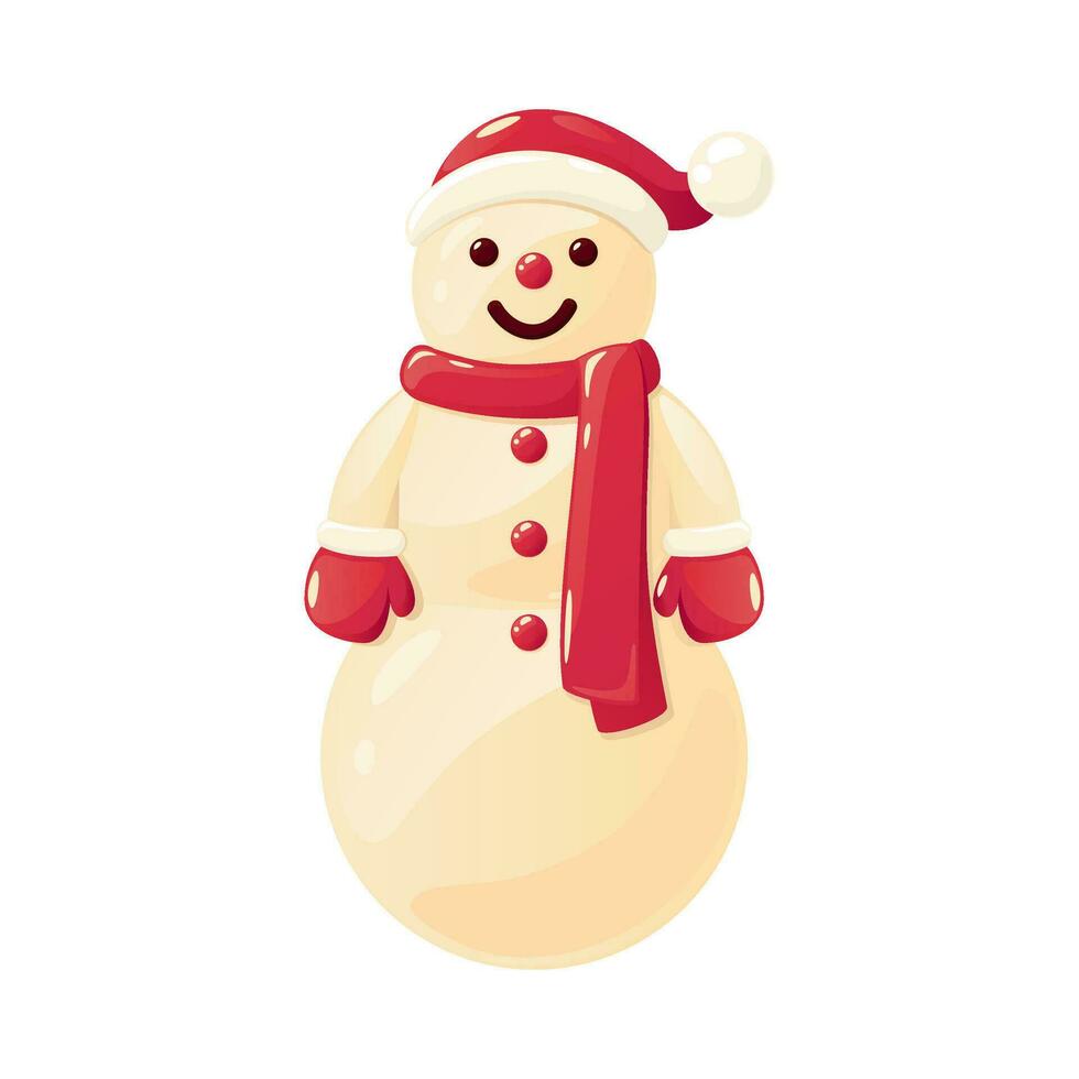 bonhomme de neige dans Père Noël chapeau avec rouge écharpe et Mitaines vecteur illustration isolé sur blanc Contexte. brillant dessin animé détaillé hiver élément pour vacances modèle, salutation cartes, emballage, conception