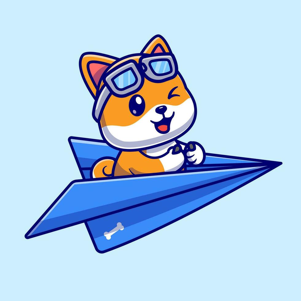 mignonne shiba inu chien pilote conduite papier avion dessin animé vecteur icône illustration. animal transport icône concept isolé prime vecteur. plat dessin animé style