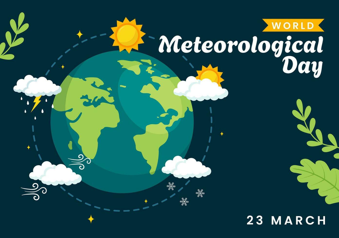monde météorologique journée vecteur illustration sur 23 Mars avec Terre carte, météorologie science et recherche temps dans plat dessin animé Contexte