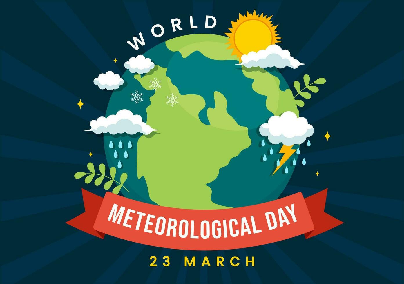 monde météorologique journée vecteur illustration sur 23 Mars avec Terre carte, météorologie science et recherche temps dans plat dessin animé Contexte
