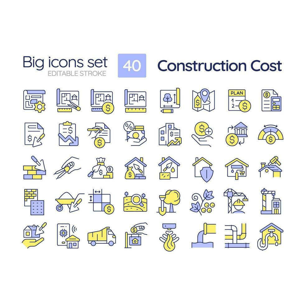 2d modifiable multicolore gros ligne Icônes ensemble représentant construction coût, isolé vecteur, linéaire illustration. vecteur