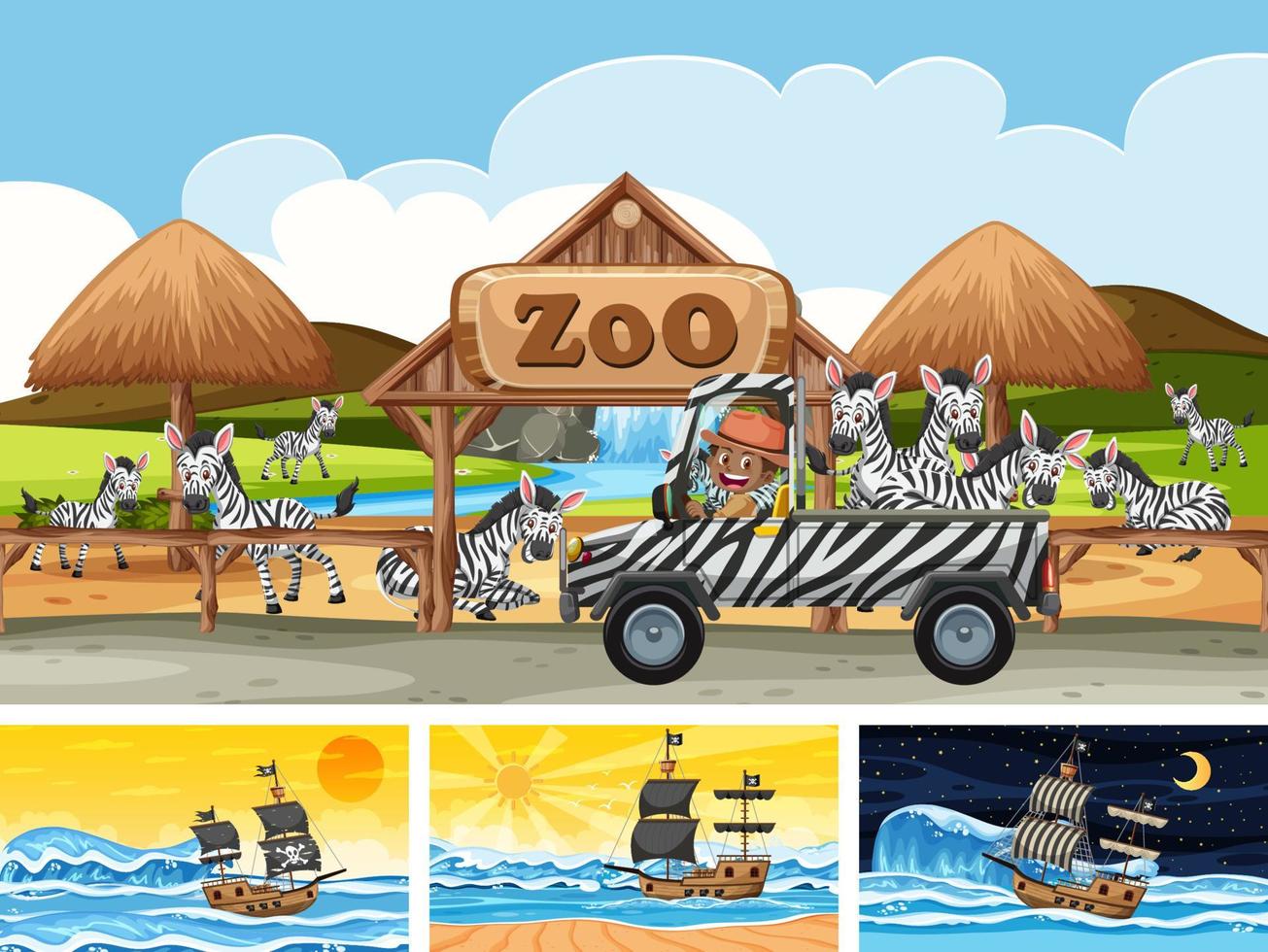 ensemble de différentes scènes avec bateau pirate à la mer et animaux dans le zoo vecteur