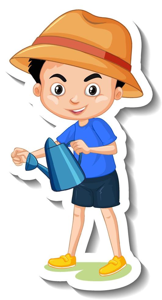 un garçon tenant un arrosoir autocollant de personnage de dessin animé vecteur