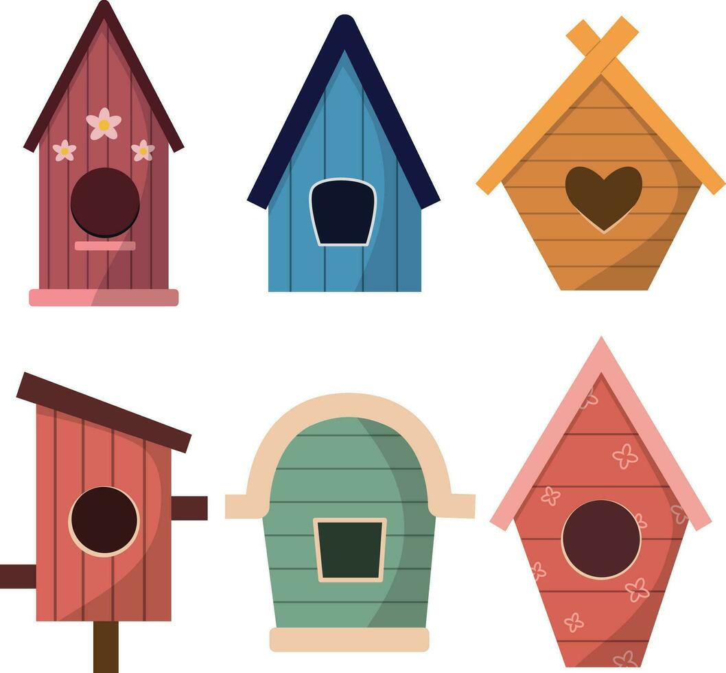 vecteur ensemble de en bois maisons d'oiseaux de différent formes et tailles, coloré maisons d'oiseaux