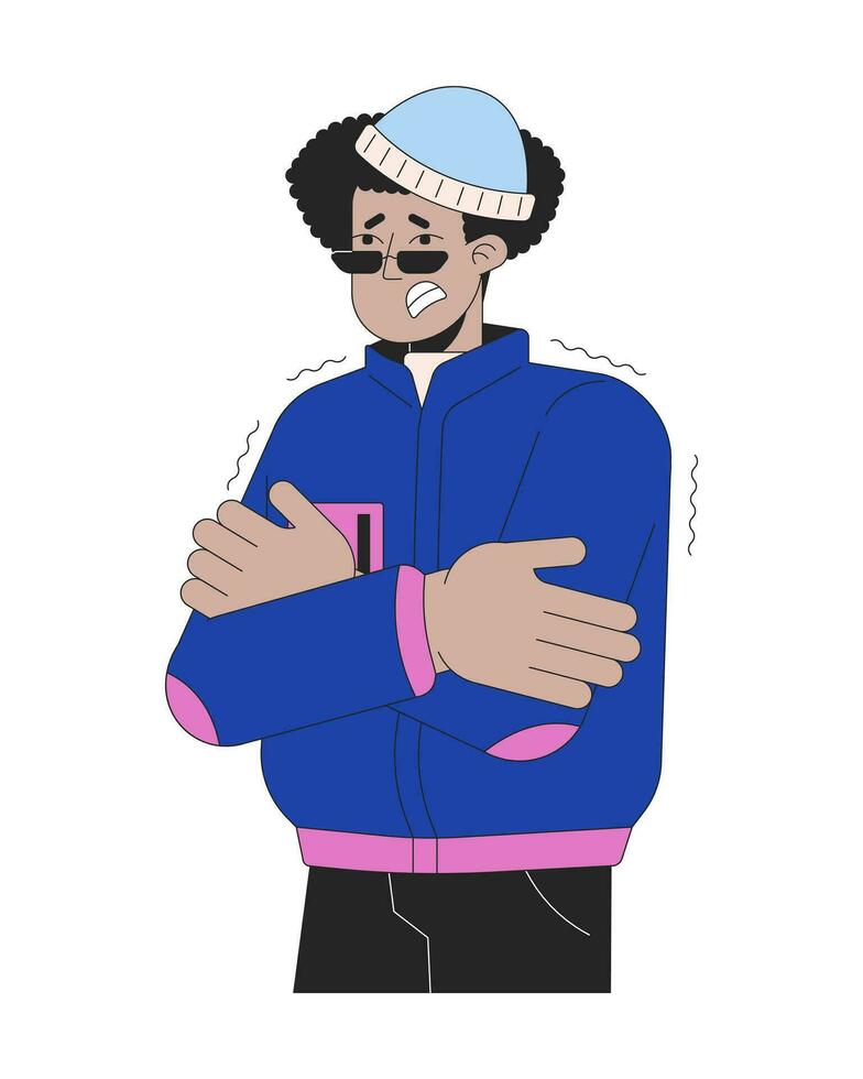 hispanique Jeune homme grelottant de du froid temps 2d linéaire dessin animé personnage. hiver tenue latino gars frissons isolé ligne vecteur la personne blanc Contexte. gelé Extérieur Couleur plat place illustration