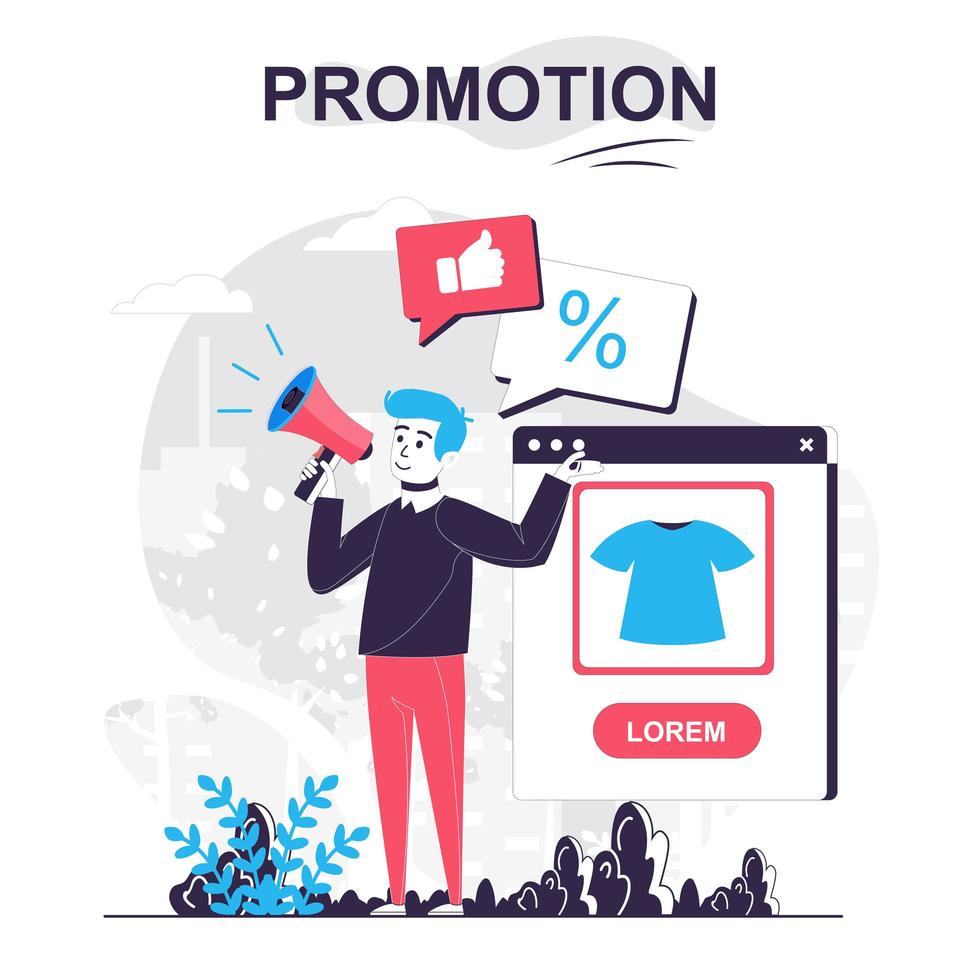 concept de dessin animé isolé de promotion. homme avec mégaphone attire de nouveaux acheteurs annonçant la vente, scène de personnes au design plat. illustration vectorielle pour les blogs, site Web, application mobile, matériel promotionnel. vecteur