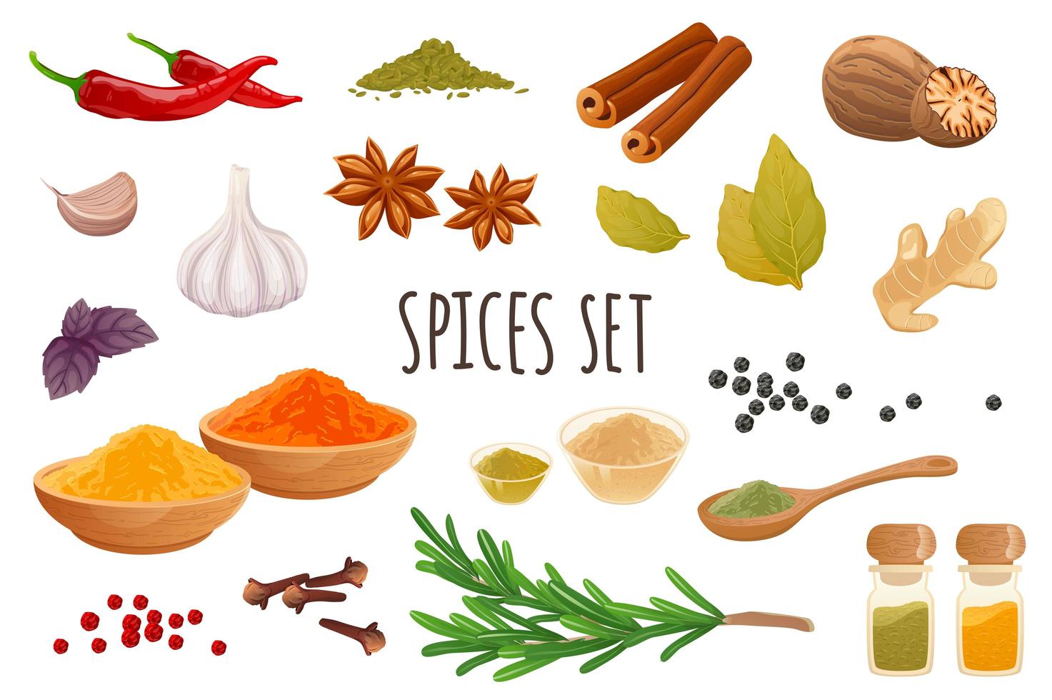 icône d'épices dans un design 3d réaliste. paquet de piment, cannelle, ail, gingembre, romarin, muscade, clous de girofle, anis étoilé et autres. collection de cuisine. illustration vectorielle isolée sur fond blanc vecteur