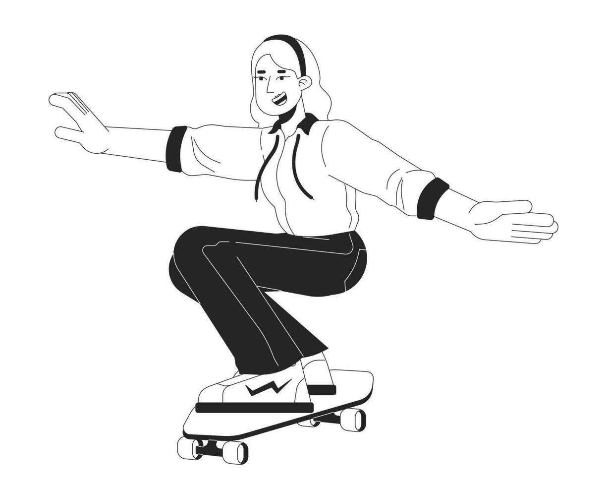 patineur fille Années 80 noir et blanc dessin animé plat illustration. caucasien femelle skateur Années 20 adulte 2d lineart personnage isolé. loisir activité années 90. nostalgie monochrome scène vecteur contour image