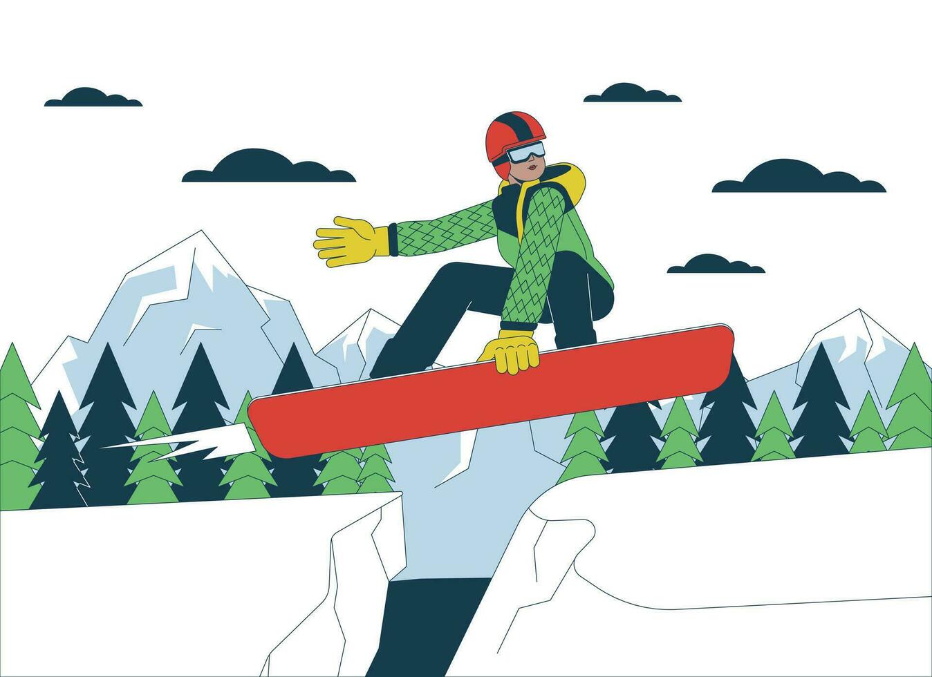 snowboarder sauter sur Montagne pente ligne dessin animé plat illustration. noir femme performant tour sur snowboard 2d lineart personnage isolé sur blanc Contexte. sport d'hiver scène vecteur Couleur image