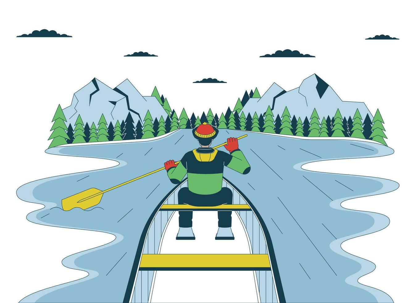 hiver canotage saison ligne dessin animé plat illustration. kayak neige. latino pêcheur pêche bateau 2d lineart personnage isolé sur blanc Contexte. sports nautiques activité scène vecteur Couleur image