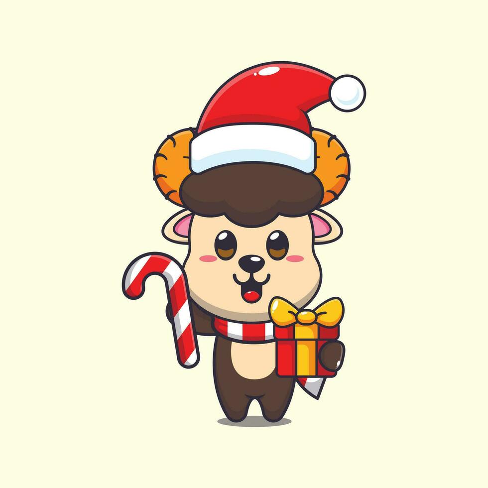 mignonne RAM mouton en portant Noël bonbons et cadeau. mignonne Noël dessin animé personnage illustration. vecteur