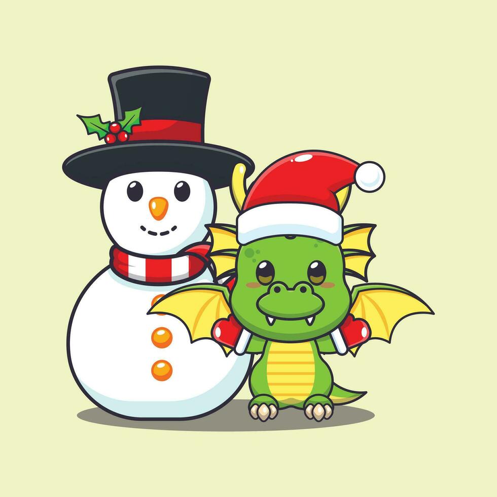 mignonne dragon en jouant avec bonhomme de neige. mignonne Noël dessin animé personnage illustration. vecteur