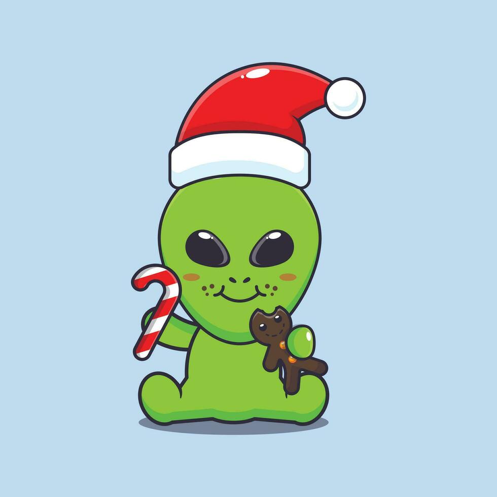 mignonne extraterrestre en mangeant Noël biscuits et bonbons. mignonne Noël dessin animé personnage illustration. vecteur