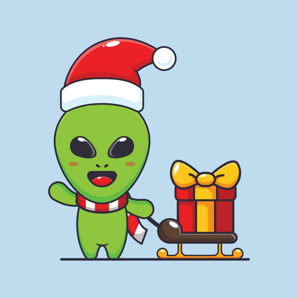 mignonne extraterrestre porter Noël cadeau boîte. mignonne Noël dessin animé personnage illustration. vecteur
