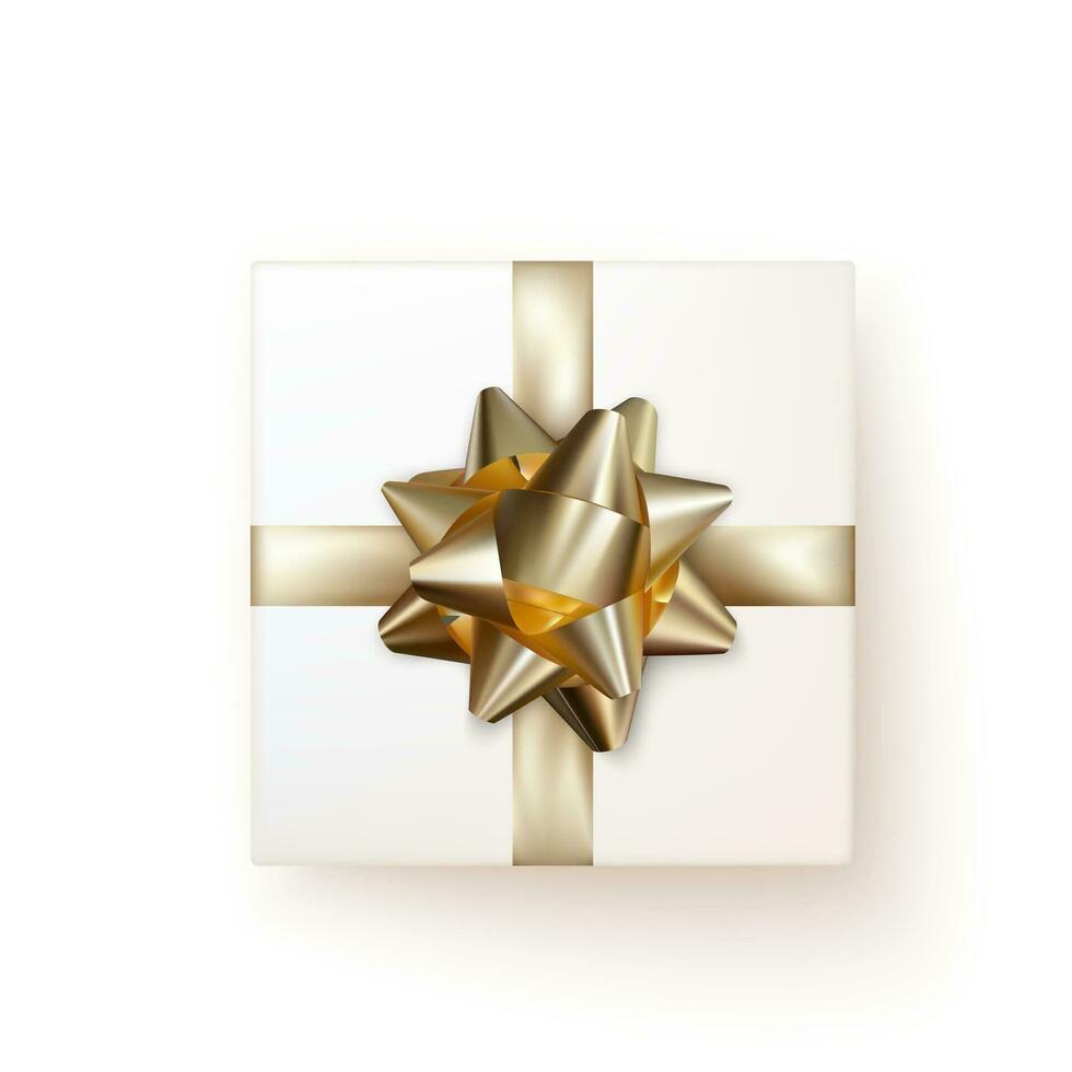 blanc cadeau boîte avec d'or soie arc dans réaliste style Haut voir. vecteur