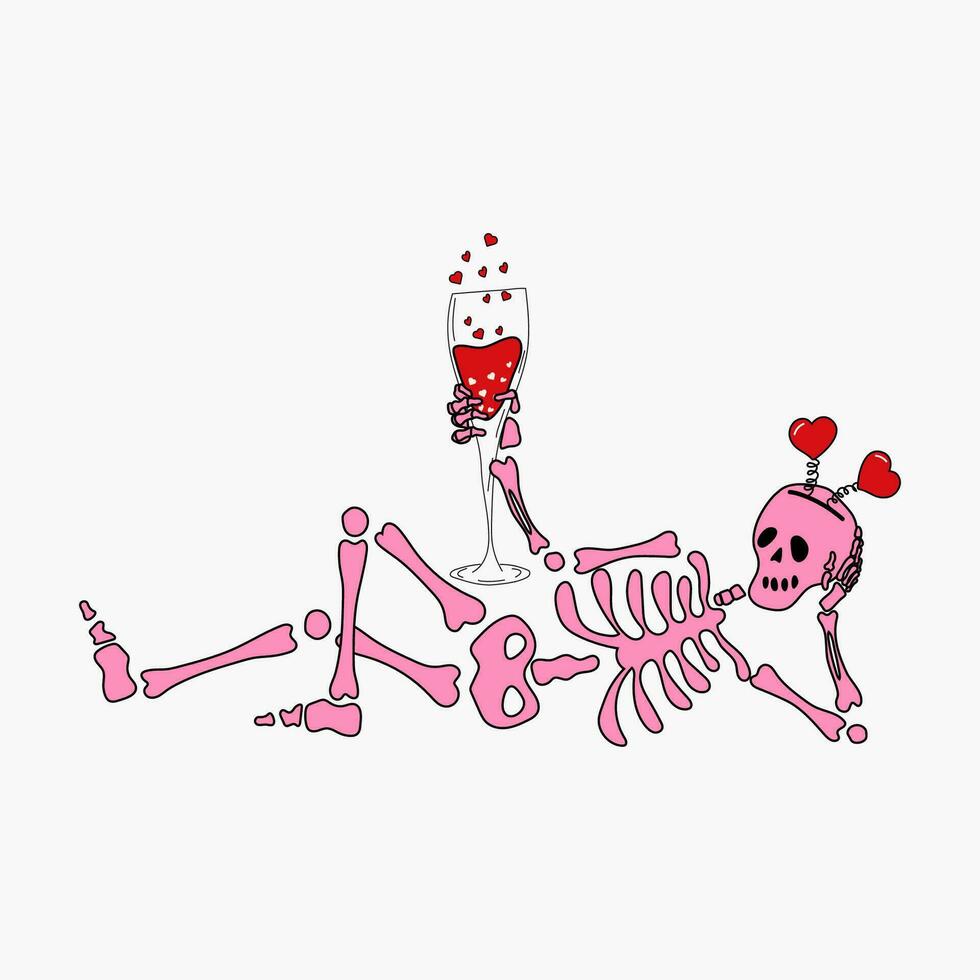 marrant squelette avec décor pour la Saint-Valentin journée. mignonne personnage squelette des os vecteur